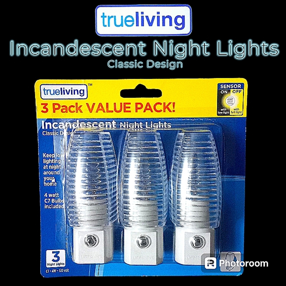 trueliving™ Incandescent Night Lights, 3-Pack Value Pack - Classic Design, NWT